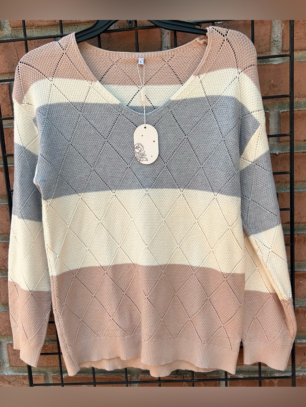 V-Neck Striped Knit Sweater - Cream, Gray & Blush